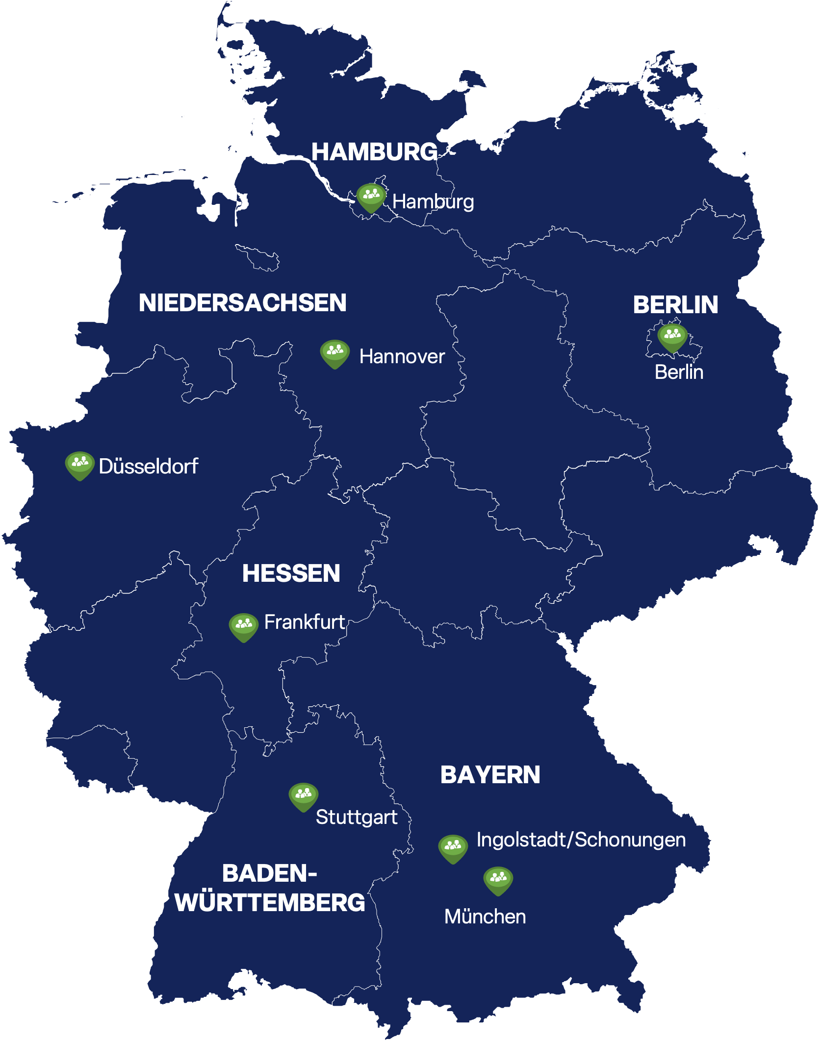 Deutschlandkarte mit Map Pins der HRK LUNIS-Standorte